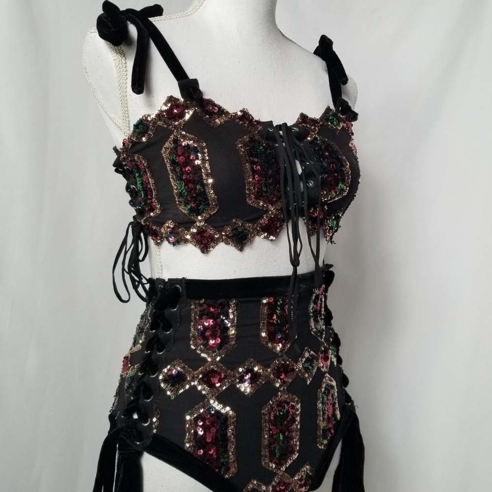 Hand-Embellished Black Sequin Crop Top - Designer Style